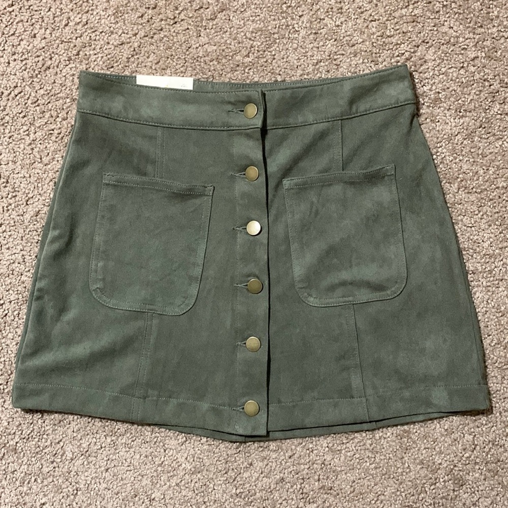 Altar’d State Faux Suede button up skirt, NWT, olive green, trending